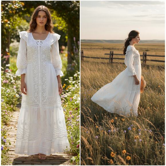 LoveShackFancy White Eyelet Cotton Embroidered Button-Up Maxi Praire Dress LARGE - Picture 1 of 15